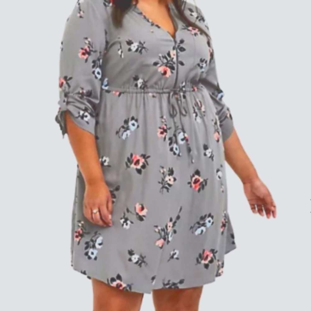Torrid Grey Floral Challis Zip Front Drawstring Shirt Dress